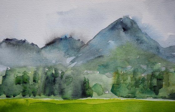 Mountains Painting, Boat on the Lake Original Watercolor Painting, Landscape Wall Art