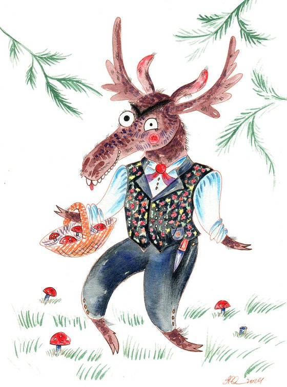 Funny moose. Children's illustration. Funny animals. Elk