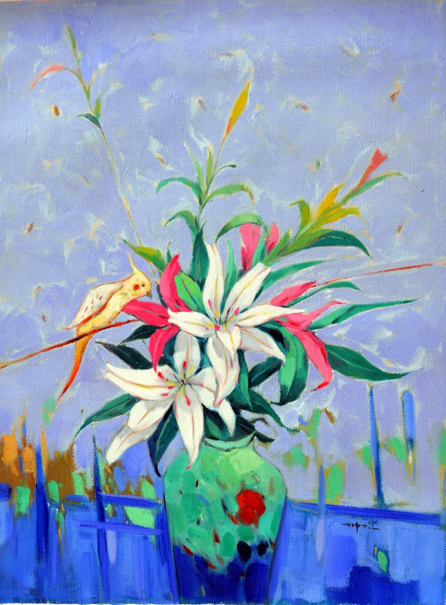 Impressionistic Botanical Oil Painting By Kunlong Wang, 24 X 31", Flowers In The Vase, Original Artwork