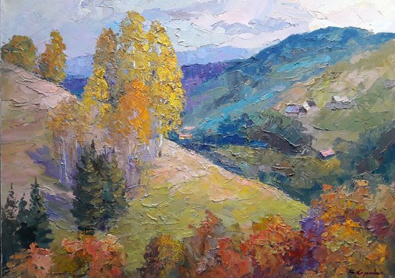 Oil painting Autumn in the Carpathians