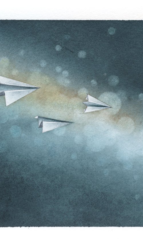 Promises VIII - Origami Paper Plane Watercolor by ieva Janu