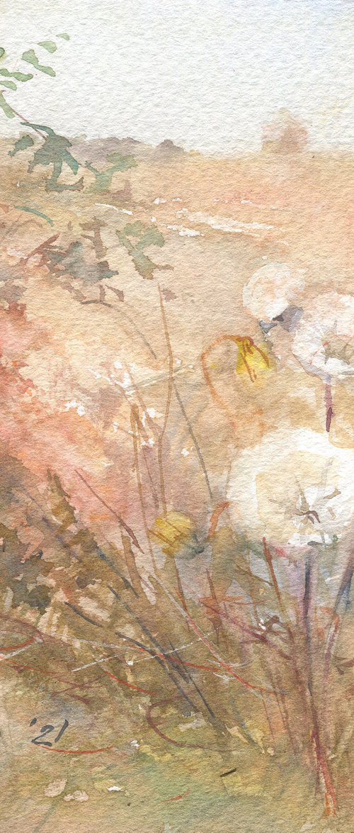 Autumn dandelion puffs / Fall season picture Outdoor watercolor Landscape painting Original art work by Olha Malko