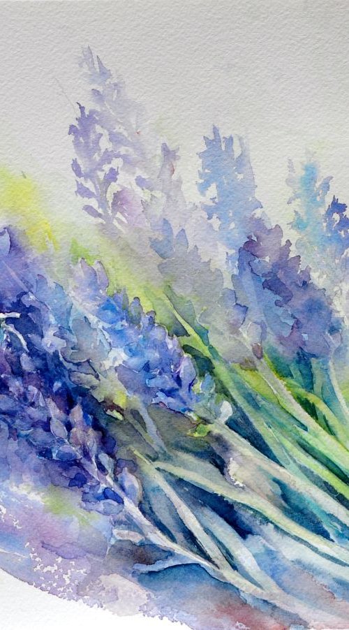 BUMBLEBEE AND LAVENDER original watercolor 30X24 by Beata van Wijngaarden