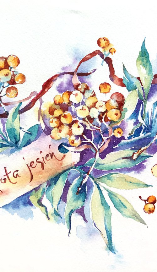 Fantasy watercolor autumn still life with rowan twig by Ksenia Selianko