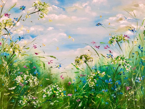 SPRING FIELD - Sky. Clouds. Wildflowers. Daisies. Cornflowers. Green field. Fragrances. Joy. Freshness.