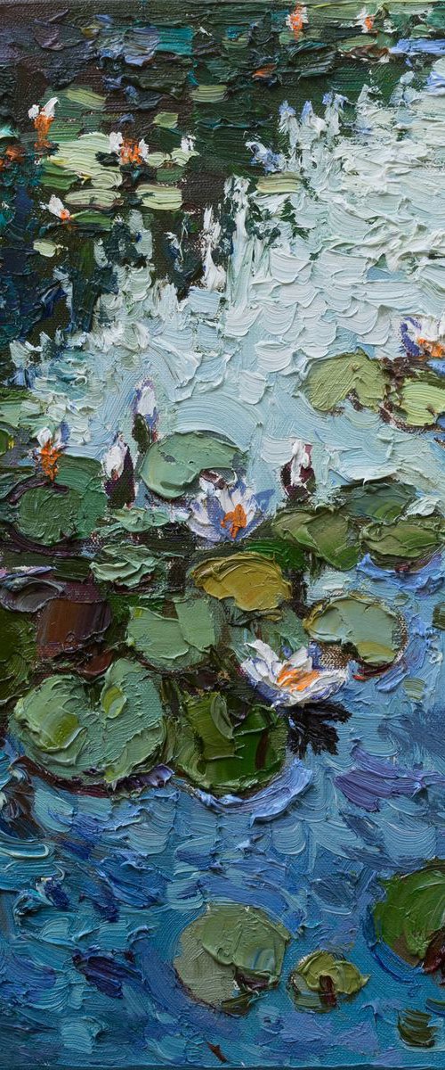 Water lilies  in pond. Original Oil painting by Anastasiia Valiulina