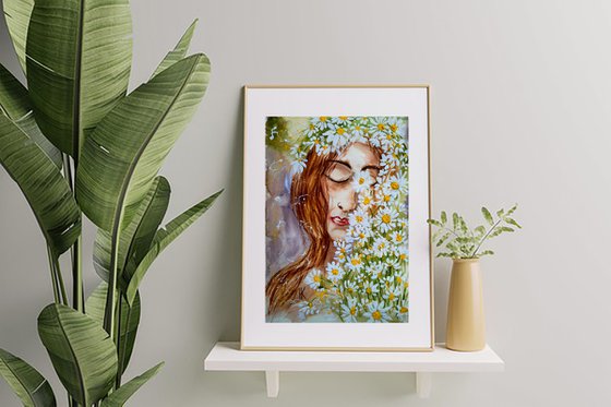 Flower Head Painting Woman Original Art Daisy Watercolor Chamomile Artwork Floral Wall Art 10 by 14 inches