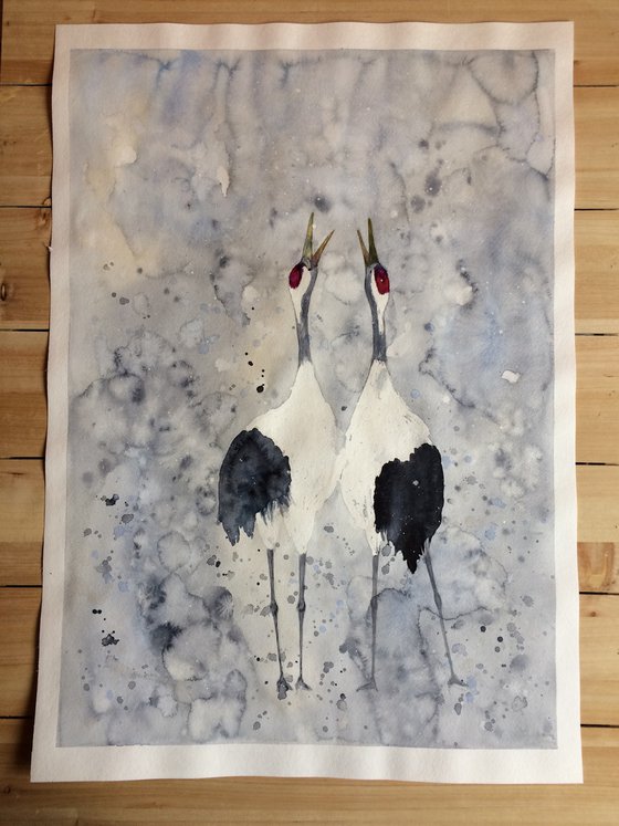 Bird watercolor painting - Japanese cranes large wall art - Wedding gift idea