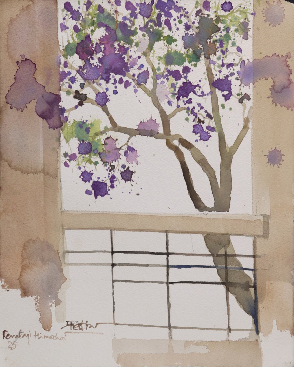 Impressionistic Landscape Watercolour By Prashant Prabhu, 12 X 15", Violet Blossoms, Original Artwork