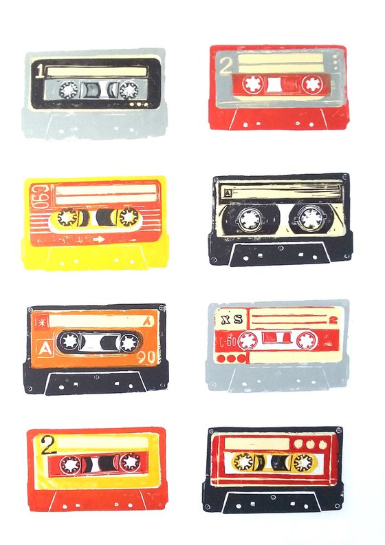 Linocut tapes #51 (cassette tapes, retro music, 70's, 80's rock culture)