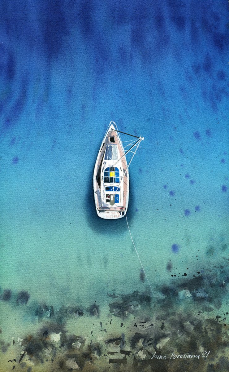 Sailing boat near the coast blue sea original watercolor painting medium size photorealist... by Irina Povaliaeva
