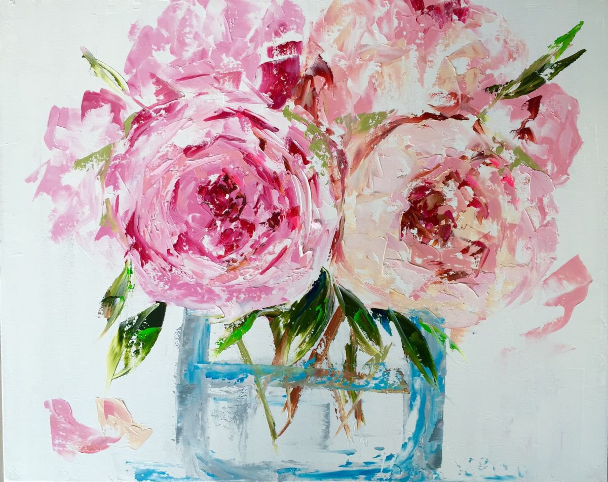 Pink Peonies in a glass Vase- oil on canvas 24x30 by Emma Bell