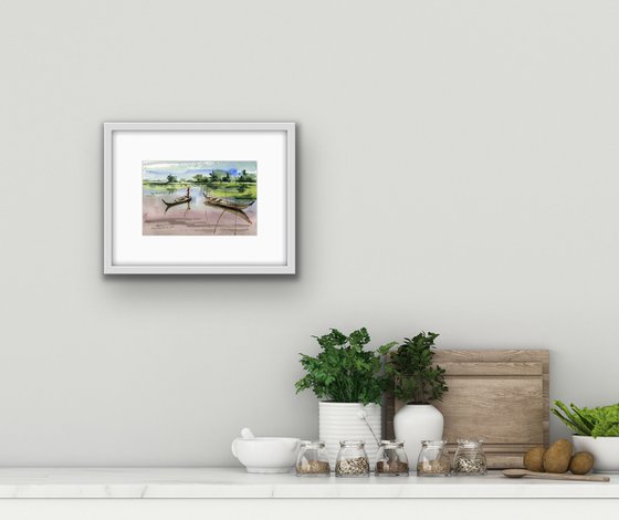 Chinese boats original watercolor painting with boats, small size, decor for small spaces