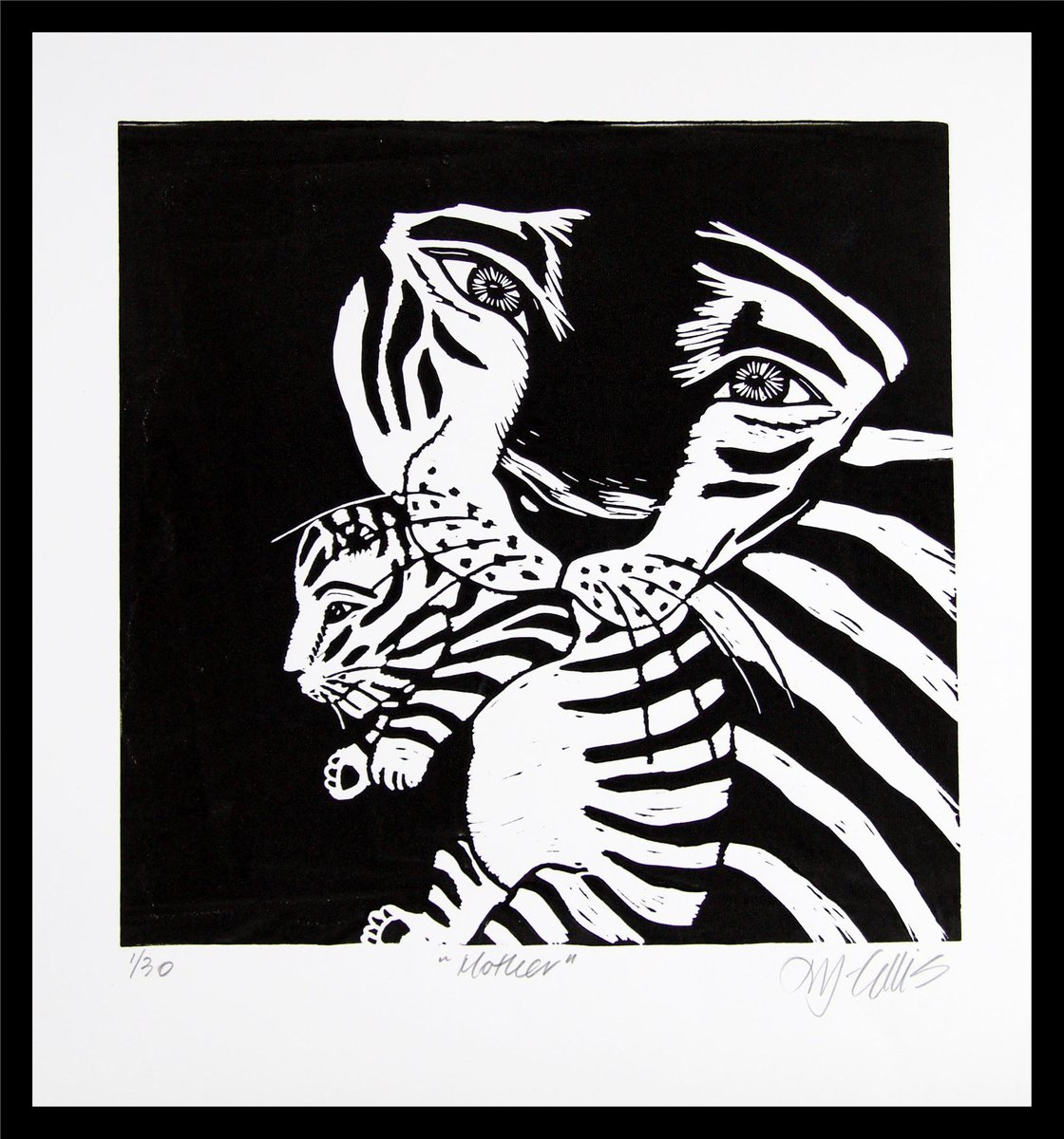 Mother, black and white linocut by Mariann Johansen-Ellis