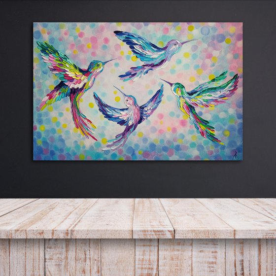 Weightlessness -  birds, love oil painting, birds in flight, birds oil painting, hummingbirds, love, animals oil painting, art bird, impressionism, palette knife, gift.