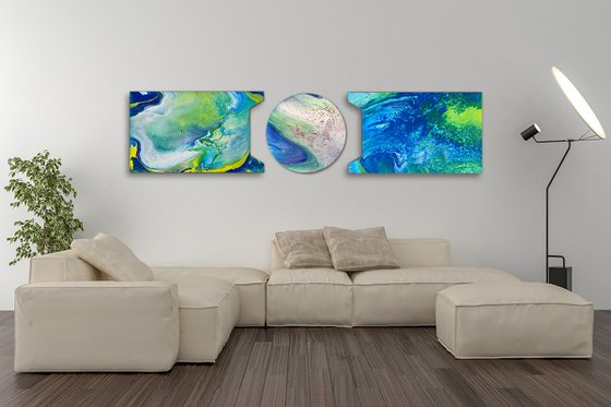 "Follow Me Into The Wormhole" - Original Triptych, Abstract PMS Acrylic Paintings Series on Irregularly Shaped Wooden Panels - 78" x 18"