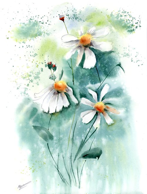 Daisies flowers (1 of 2) - Original Watercolor Painting by Olga Tchefranov (Shefranov)