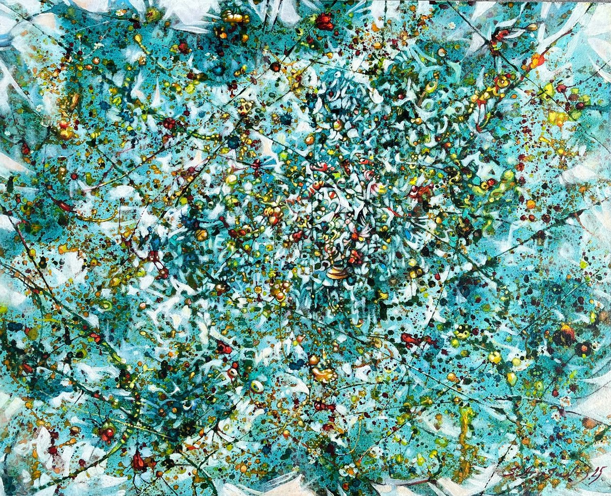 Expressive Abstract Oil Painting By Samvel Atasunc, 20 X 16", Ocean Of Sparks, Original Artwork