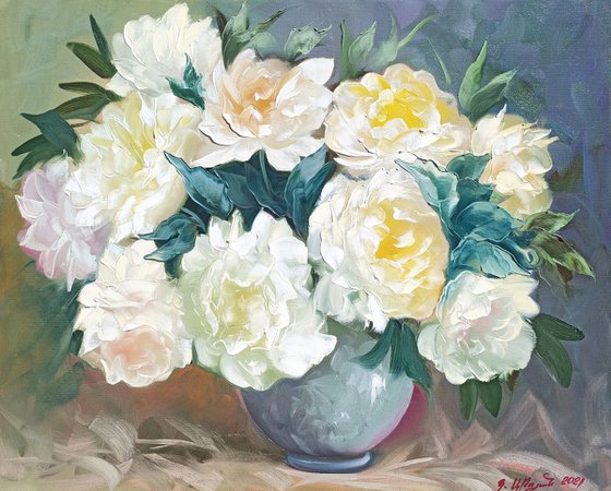 White peonies (60x80cm, oil painting, palette knife)