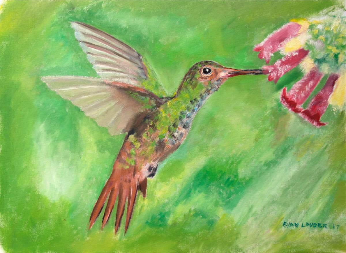 Bird Painting Humming Bird Painting Green Picture Painting of Bird flying Humming Bird Bir... by Ryan  Louder