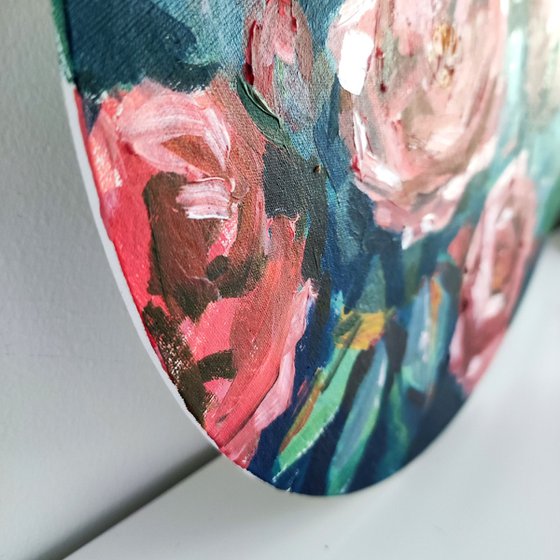 Pink Roses. Round Oil Painting