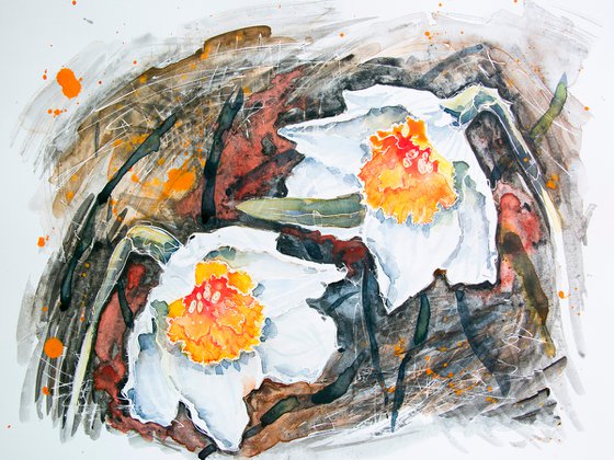 Two daffodils on a background of black earth- floral watercolor painting for the interior of the office and home, for gentle ladies