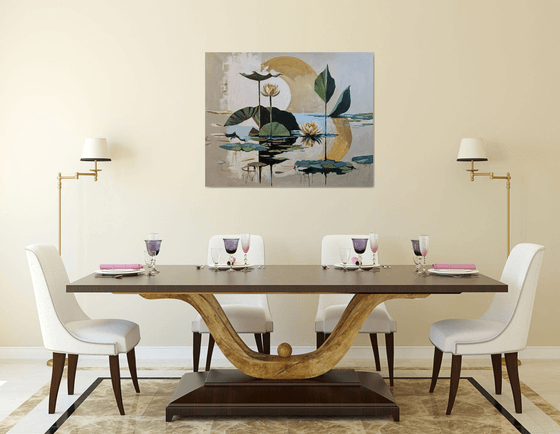 Golden Pond. Semi Abstract Water Lilies.