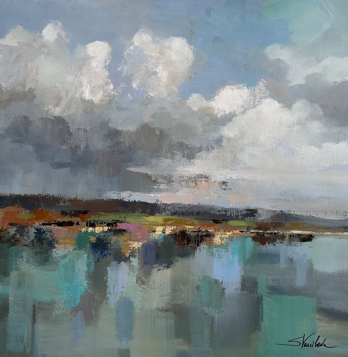 Expressive Landscape Acrylic Painting By Silvia Vassileva, 24 X 24", Turquoise Bay, Original Artwork