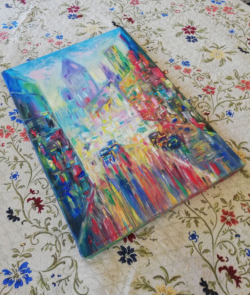 Expressive Cityscapes Oil Painting By Katia Ricci, 14 X 20", City Lights, Original Artwork