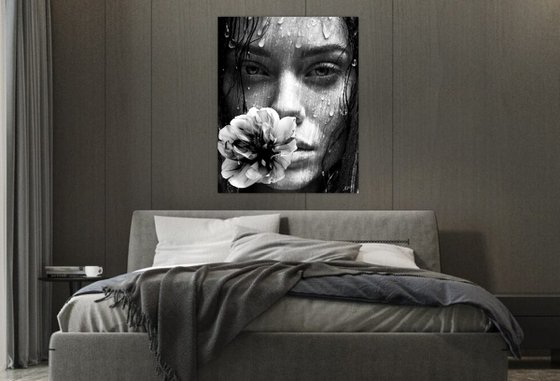 Girl with Flower in the Rain