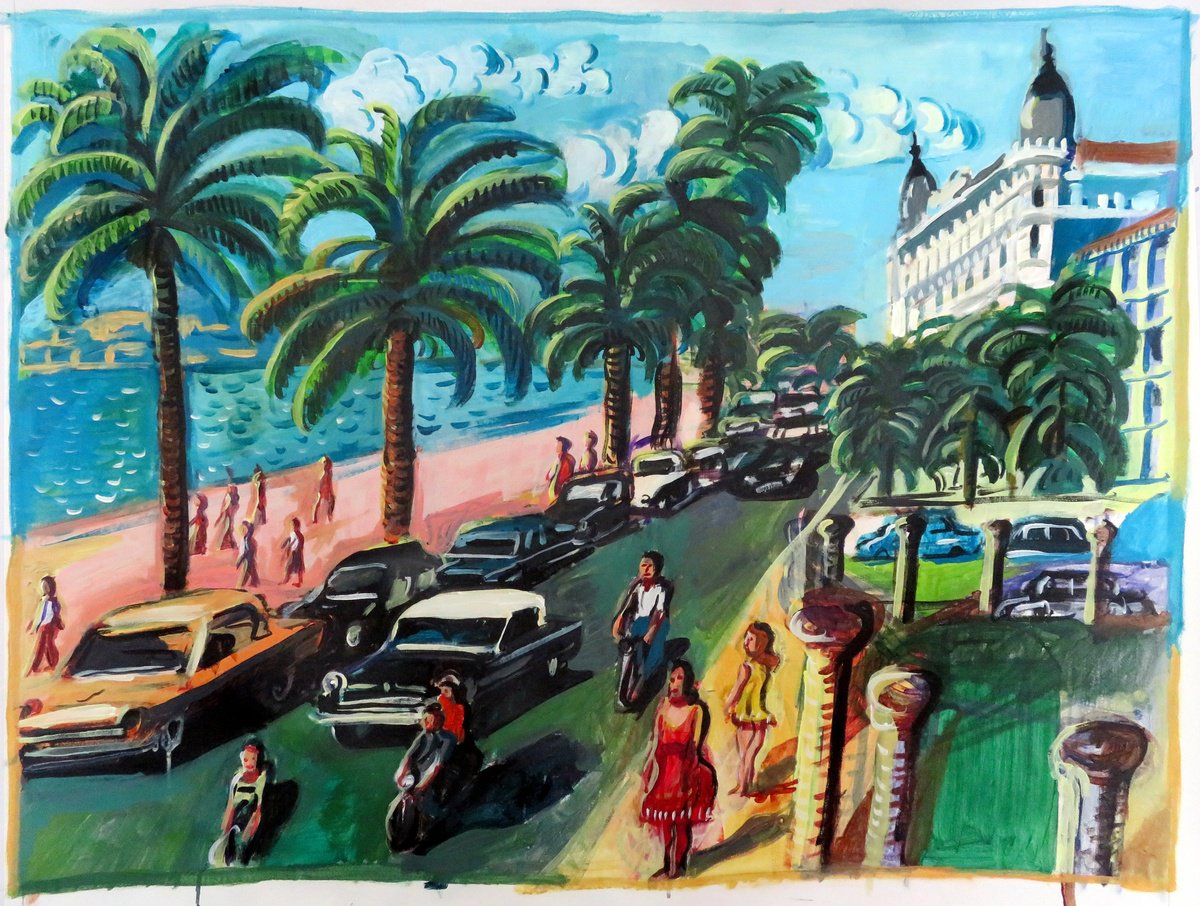 Impressionistic Landscape Acrylic Painting By Stephen Abela, 34 X 26", Cannes - With Columns, Original Artwork