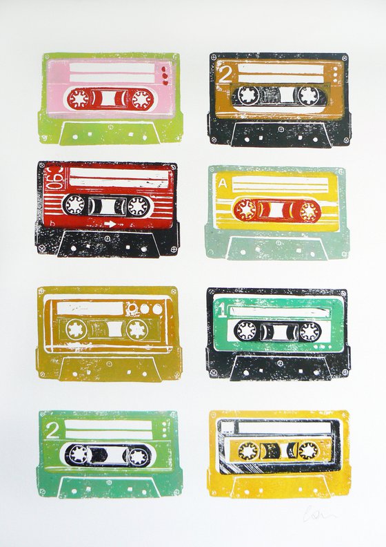 Linocut tapes #5 (cassette tapes, retro music, 70's, 80's rock culture)