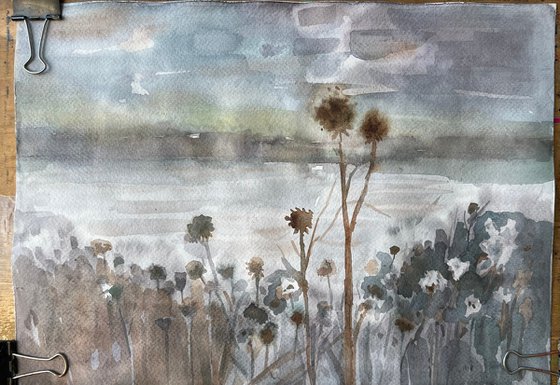 Thistle in November Ukrainian landscape painting