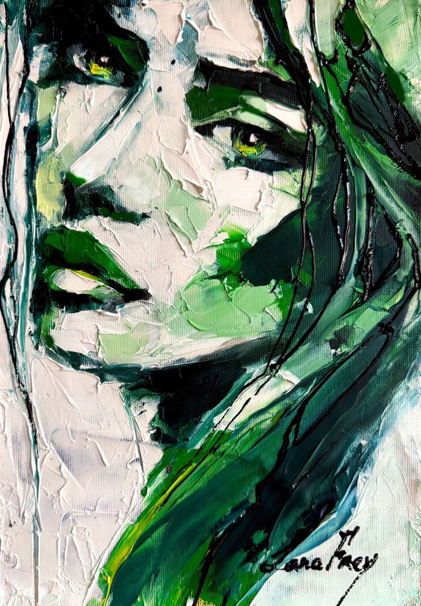 Expressive Portrait Oil Painting By Lana Frey, 8 X 12", Shadow Of Emerald, Original Artwork