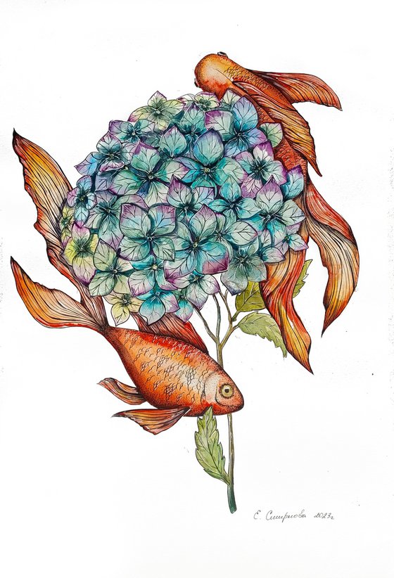 Hydrangea Flower With Gold Fishes