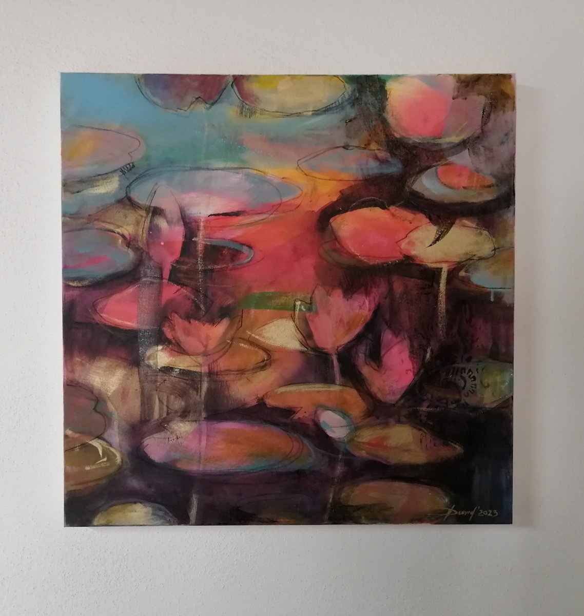 Impressionistic Botanical Acrylic Painting By Olga David, 24 X 24", Beautiful Water Lilies, Original Artwork