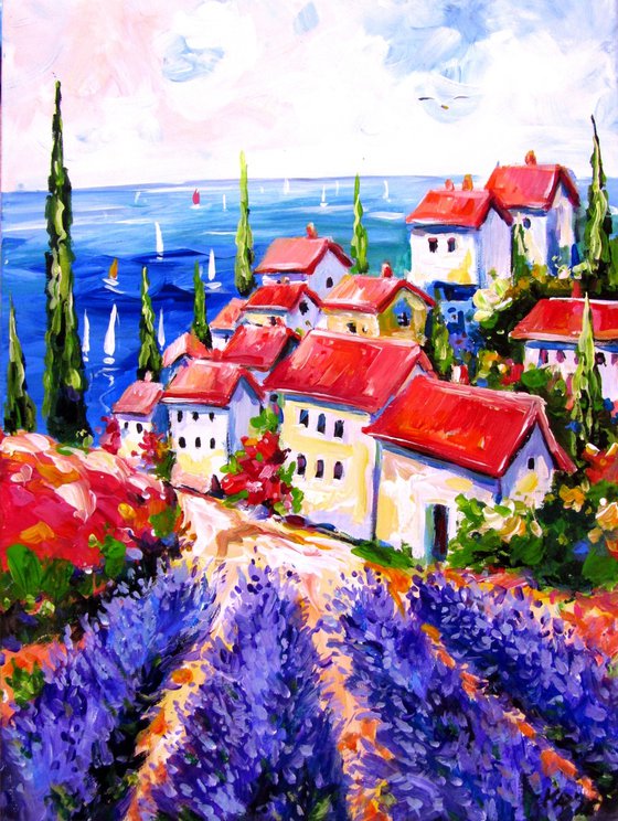 Village with lavender field