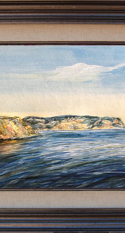 ROCKY COASTLINE, Original Fine Art Detailed Mini Seascape Horizontal Watercolor Painting by Nastia Fortune