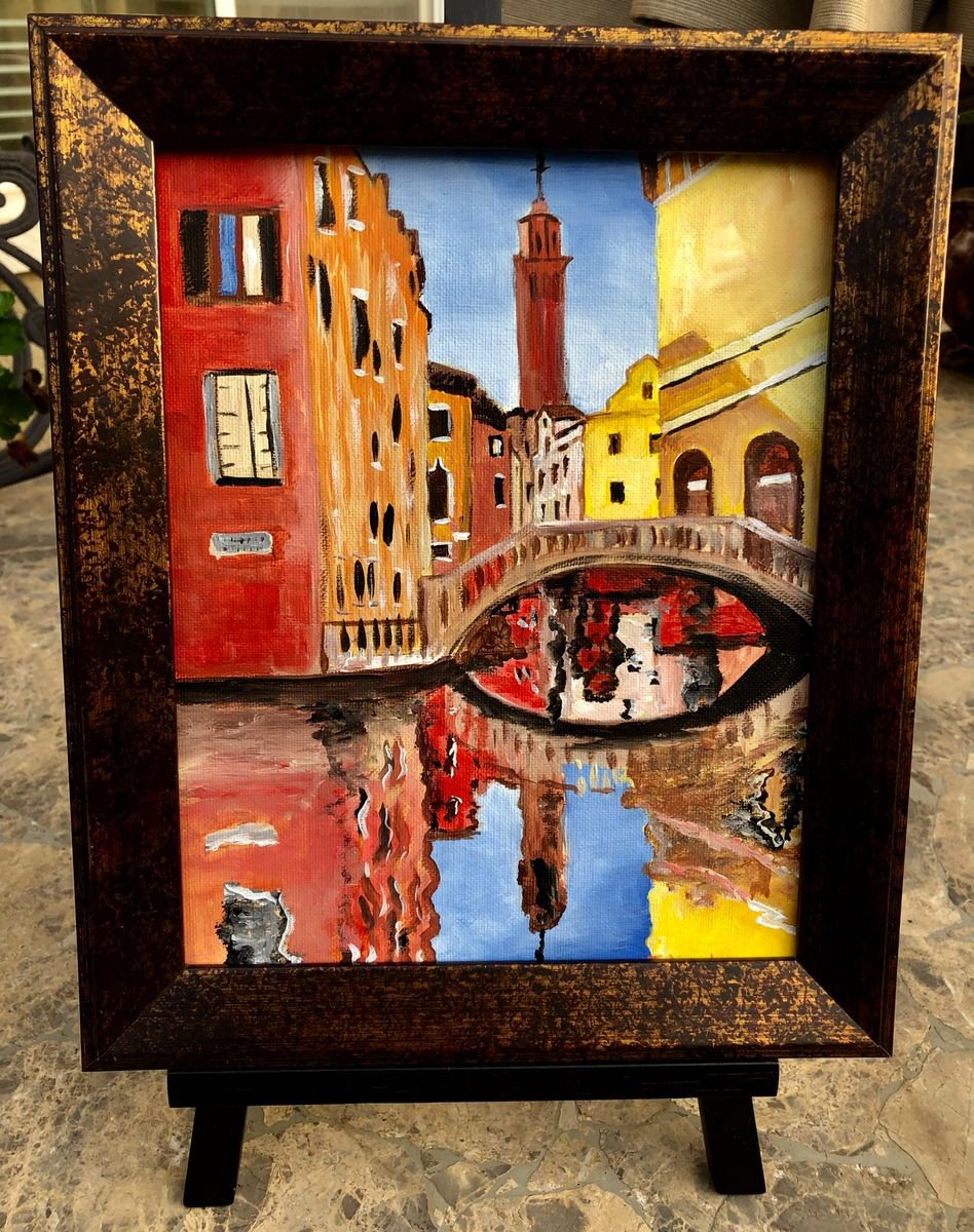 Expressive Cityscapes Acrylic Painting By Inna Montano, 11 X 14, Venice Bridge, Original Artwork
