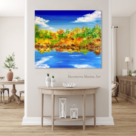 HARMONY ON THE SHORES - Autumn. October. Bright landscape. Blue river. Warm weather. Red forest. Yellow leaves.