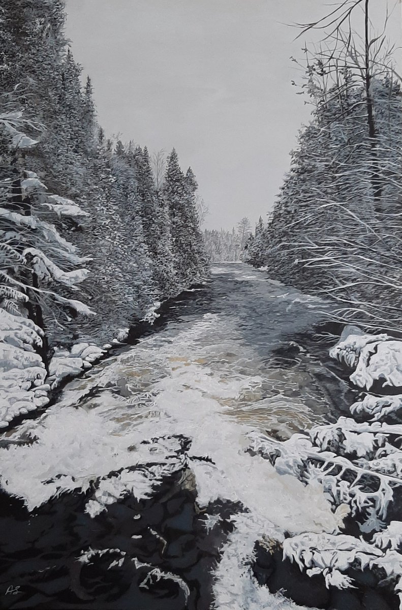Photorealistic Landscape Acrylic Painting By Anne Shaughnessy, 24 X 36, First Snowfall Over The River, Original Artwork