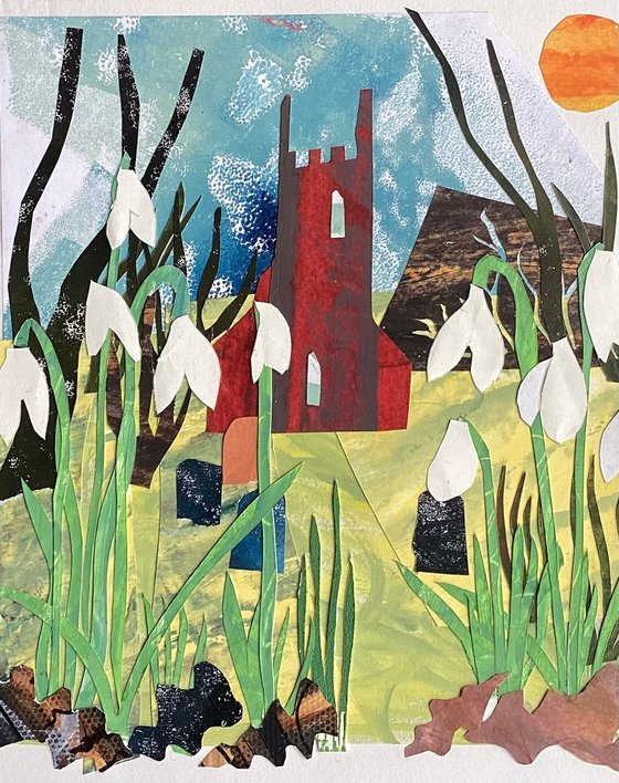 Kirk Bramwith Church with snowdrops collage