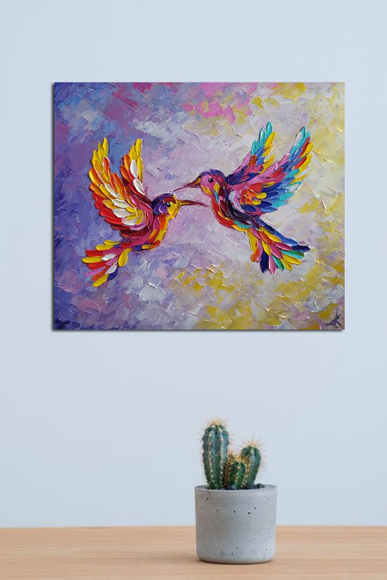 In pink dreams - birds, hummingbirds oil painting, love oil painting, birds oil painting, hummingbirds, love, animals oil painting, art bird, impressionism, palette knife, gift idea.