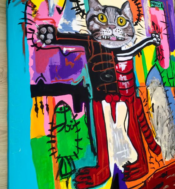 Red Cat Troy King, (102 x 91cm, 40 x 36 inches ) version of painting by Jean-Michel Basquiat  Untitled GLOW IN THE  DARK