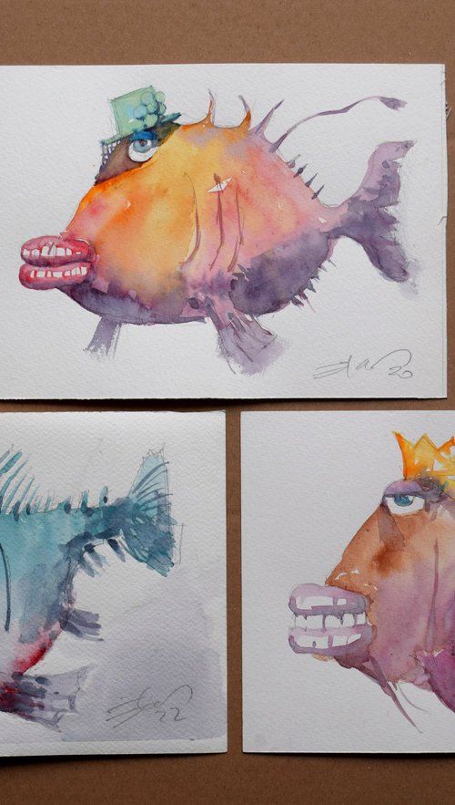 FIshes (;-) 3 pieces by Goran Žigolić Watercolors