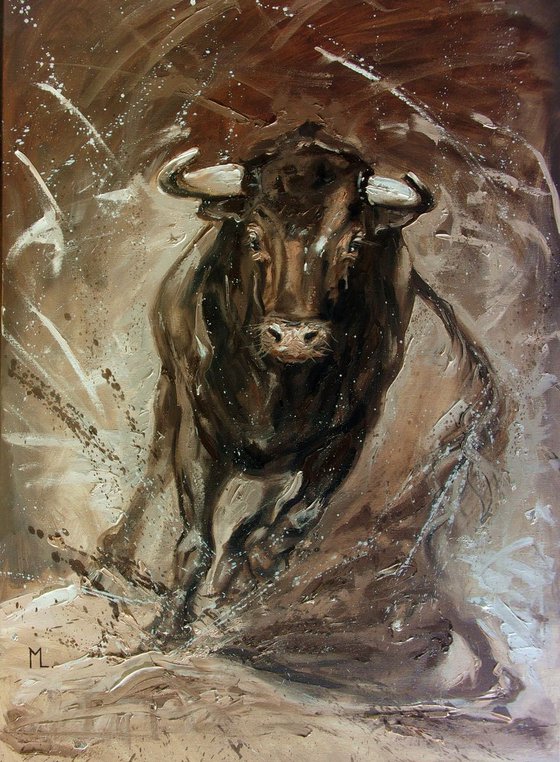 " THE SPIRIT OF FREEDOM ... " - LARGE FORMAT BULL original oil painting on canvas, gift,  PALETTE KNIFE