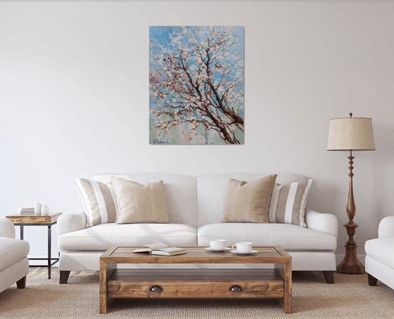 Flowering apricot tree Original oil painting