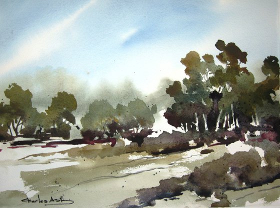 Cottonwoods Along The Acequia - Original Watercolor Painting