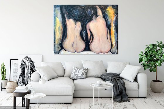 GOSSIP GIRLS - Gemini zodiac sign - nude art, large original painting, two nudes, erotic art