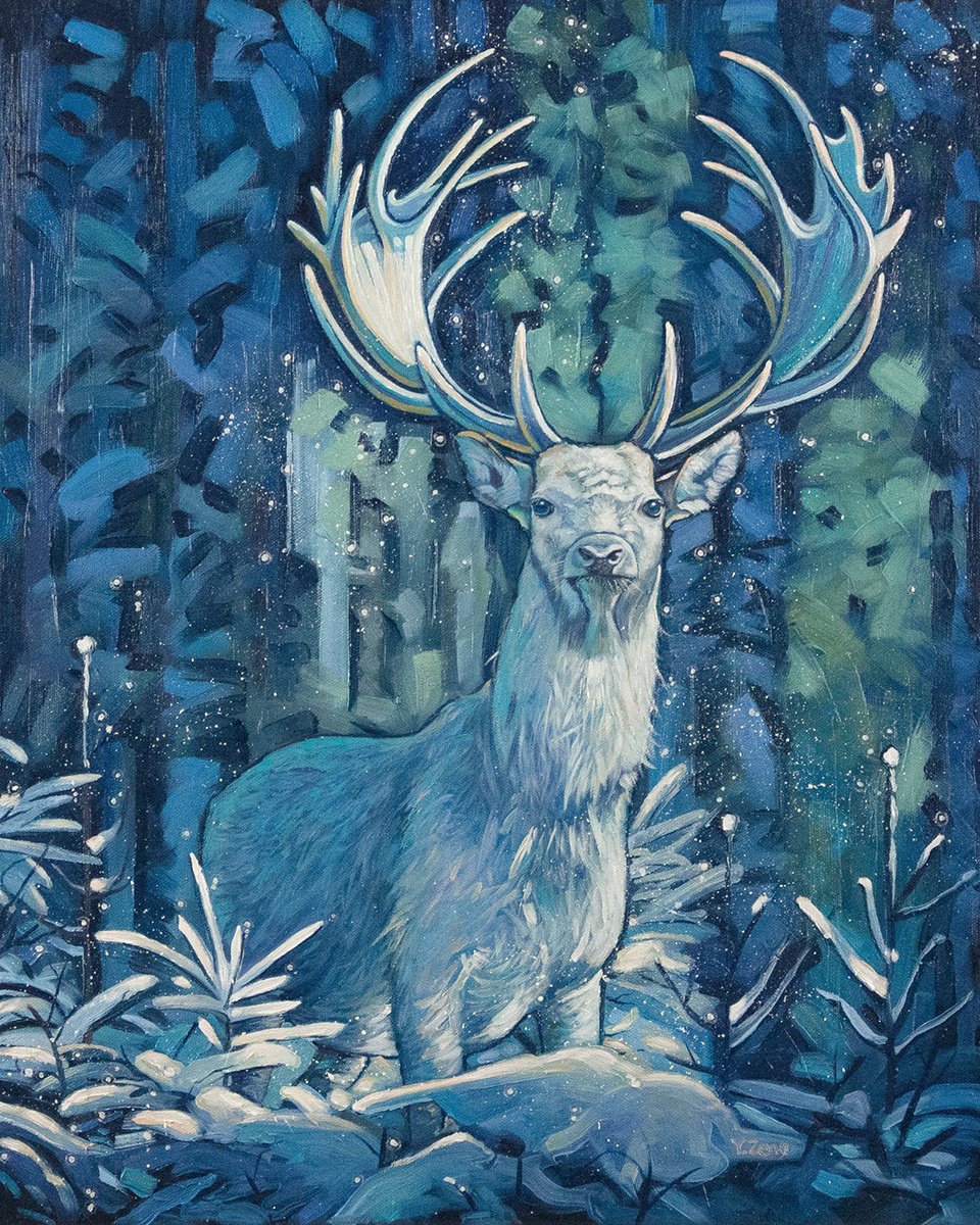 Surrealistic Animal Oil Painting By Yue Zeng, 16 X 20", Frosty Stag, Original Artwork